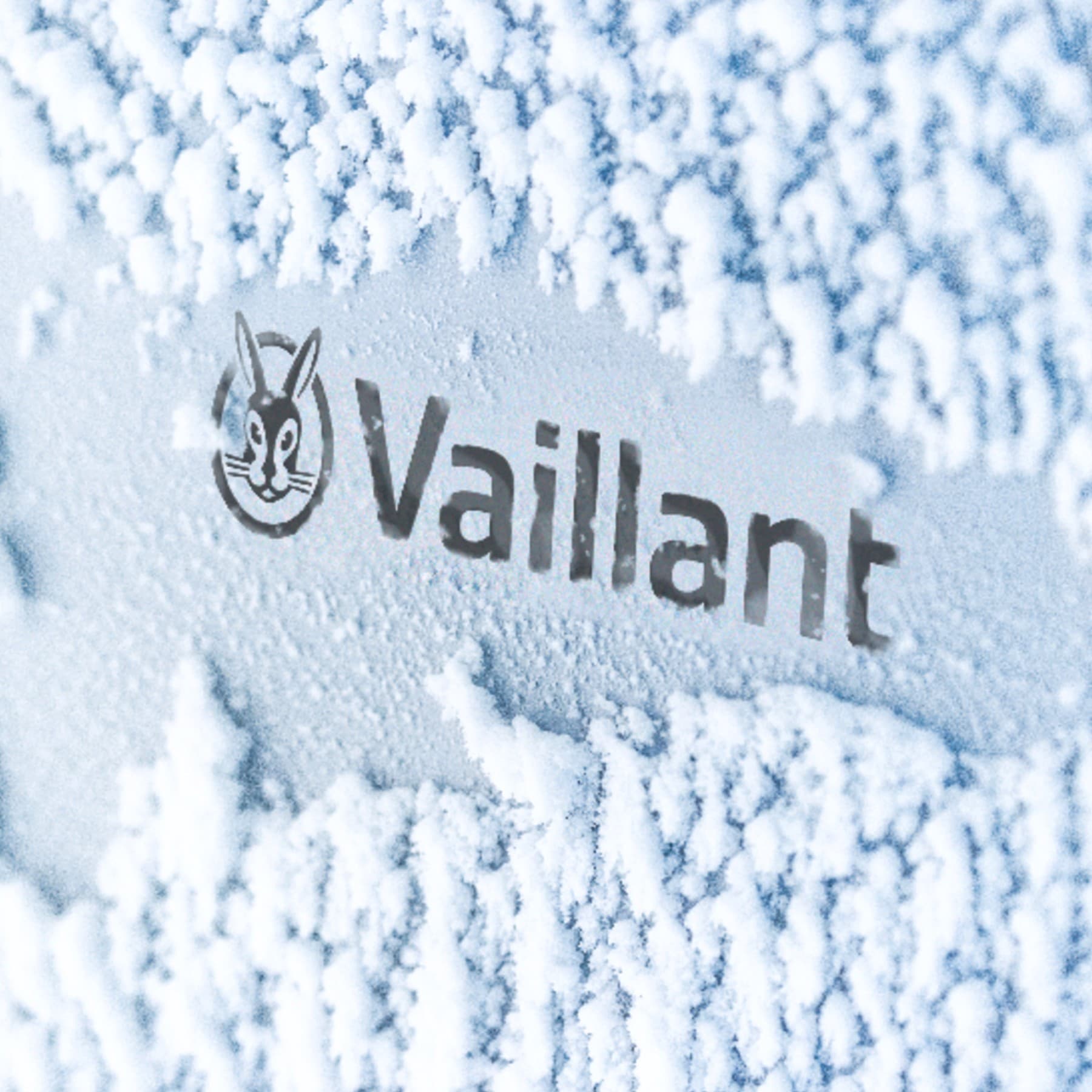 Logo Vaillant na pokrytej śniegiem pompie ciepła